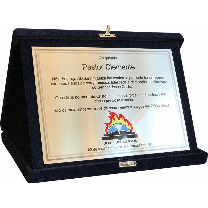 Placa De Homenagem Aço Escovado Estojo Veludo Com Nota