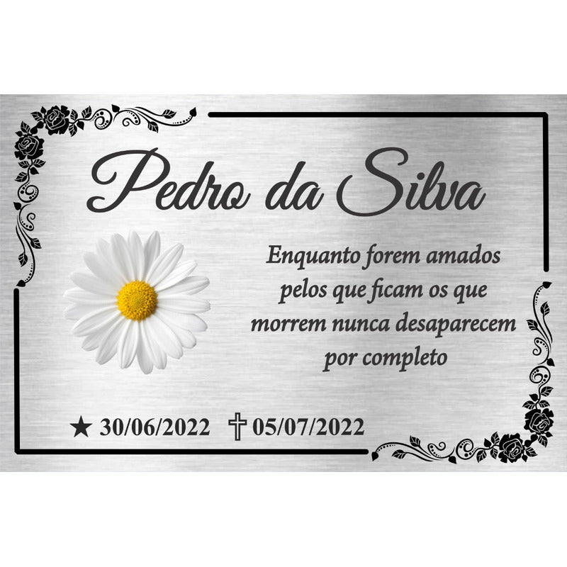Placa Túmulo Homenagem Prata Formato 30x20cm Foto Colorida Margarida Floral