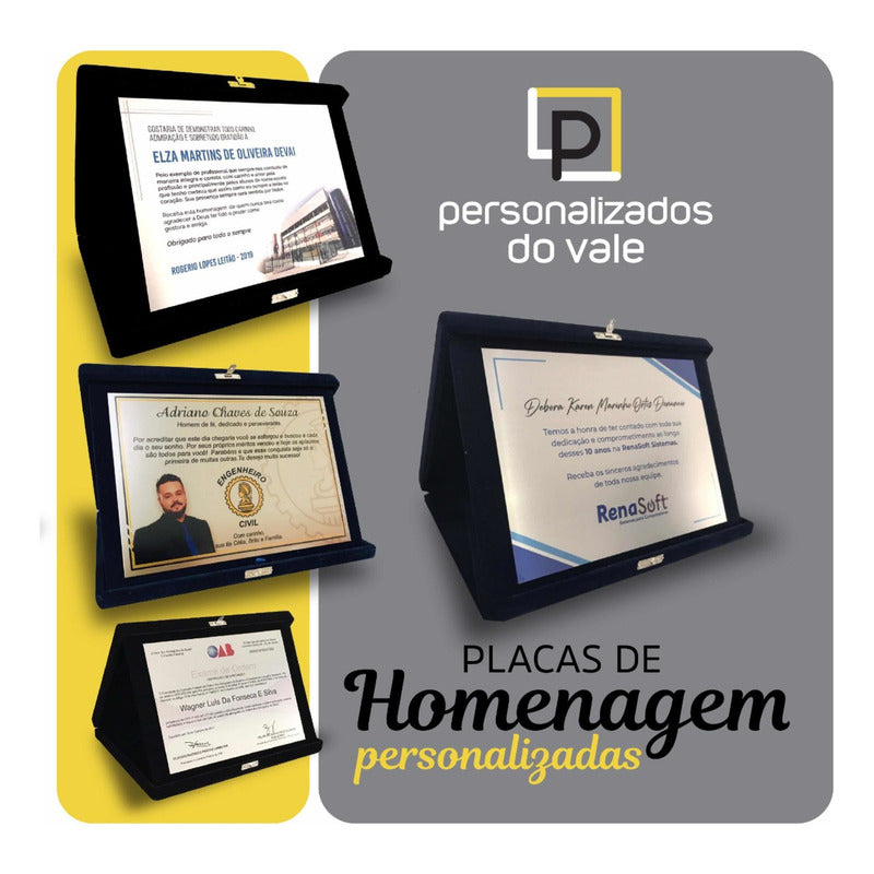Placa De Homenagem Aço Escovado Estojo Veludo Com Nota  Escovado