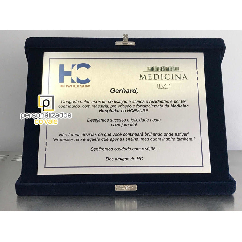Placa Homenagem/formatura Aço Inox Estojo De Veludo 20x15