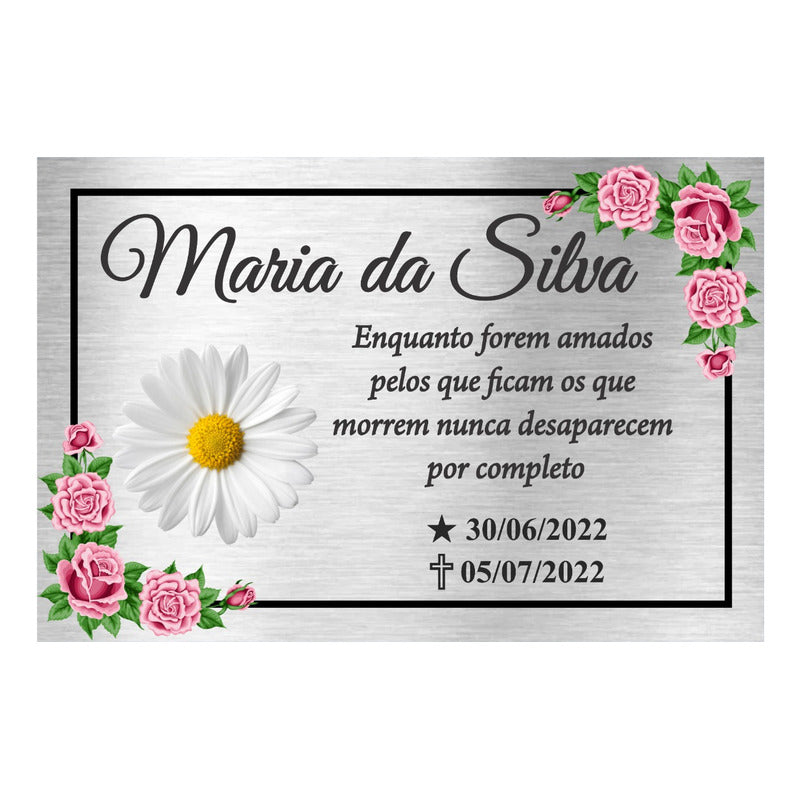 Placa Túmulo Homenagem Prata Formato 30x20cm Foto Colorida Margarida Floral